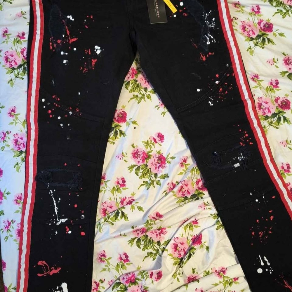 M Society Black Paint-Splatter Jeans with Red & White Side Stripe